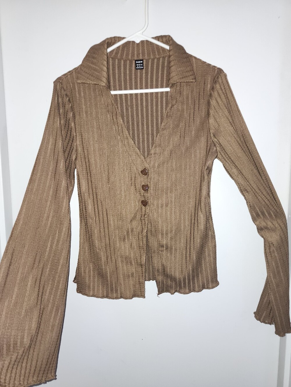 SHEIN Brown Ribbed Button-Front Long Sleeve Blouse